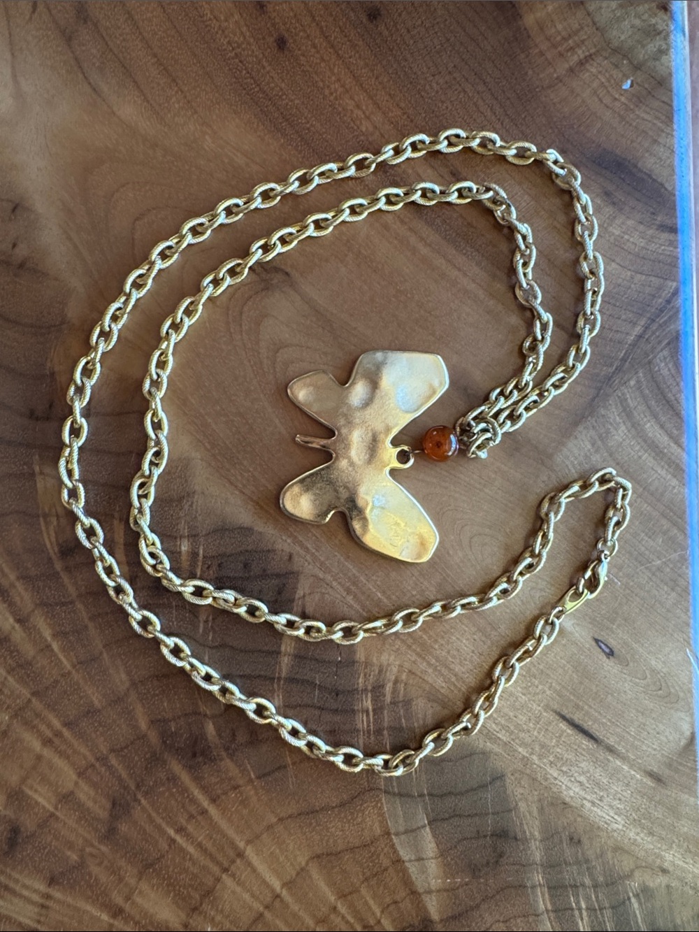 Gold Butterfly Pendant Necklace with Amber Accent Bead